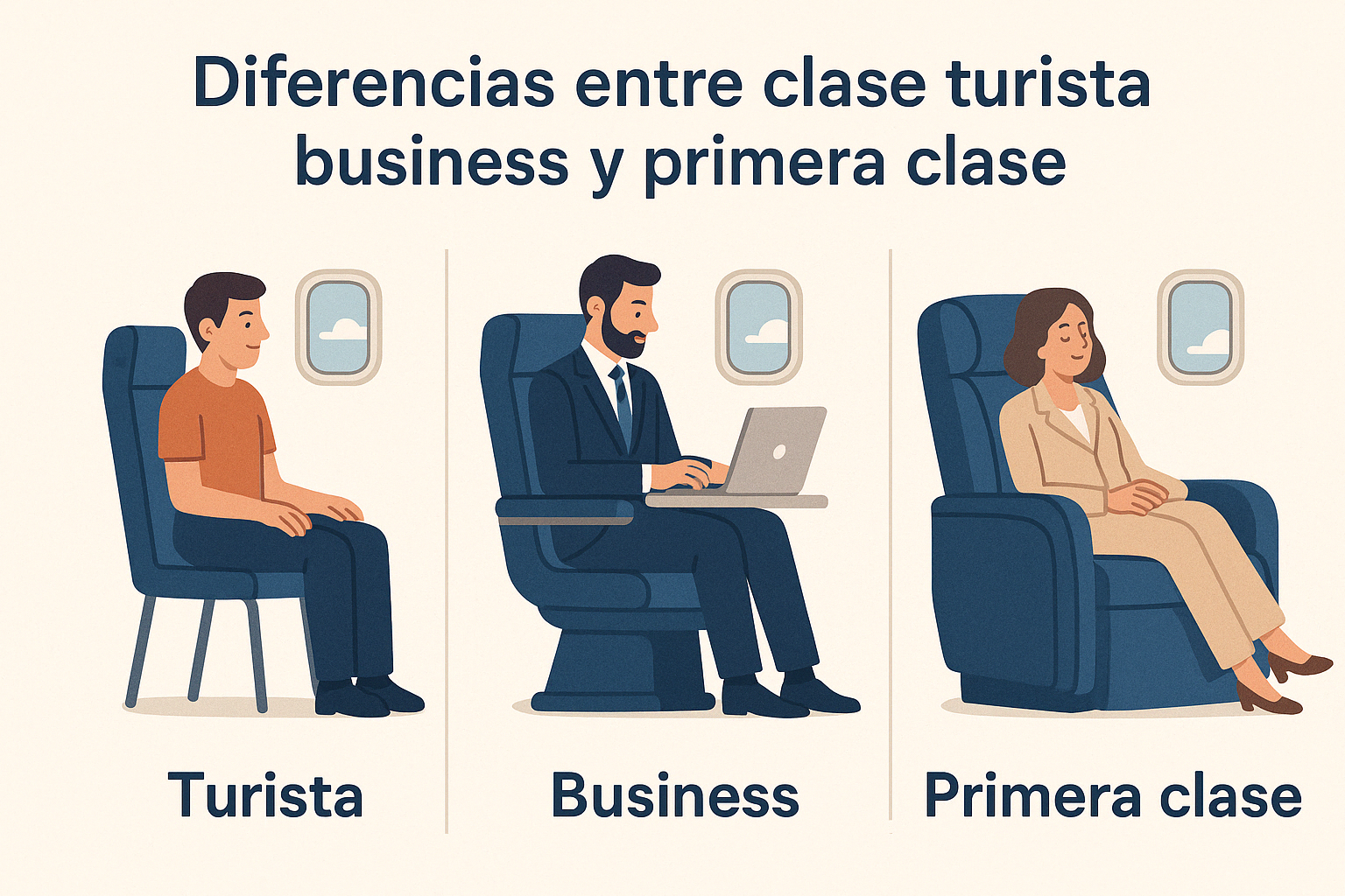 comparando clase turista, clase business y primera clase en un avión, con pasajeros sentados en cada tipo de asiento